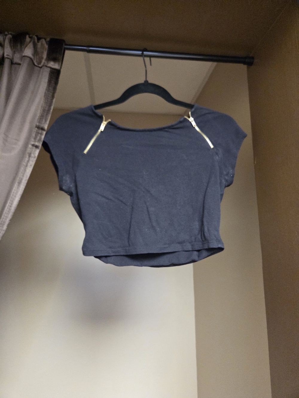 Charlotte Russe Black Crop Top with Gold Accent Shoulder Zips